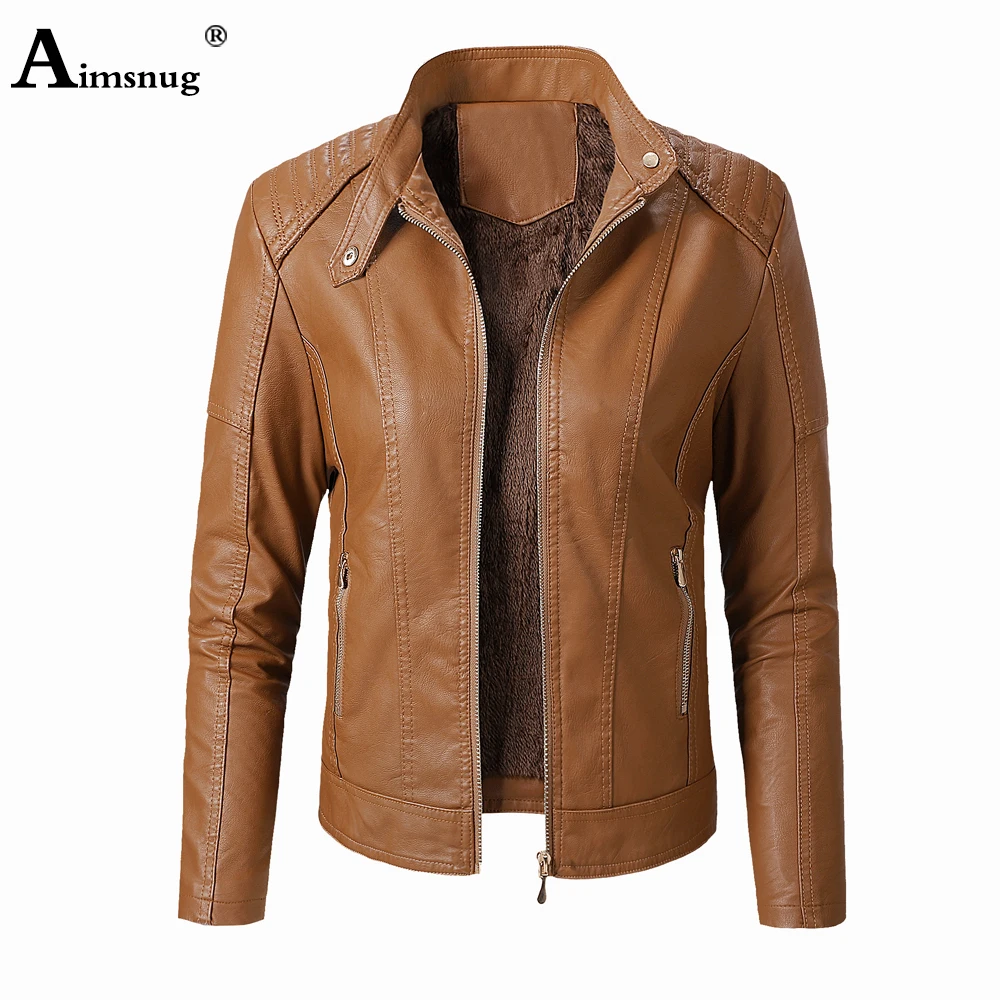 Aimsnug 2021 Autumn Winter Pu Leather Jacket Women Velvet Coats Slimming Outerwear Red Black Faux Leather Jackets Female Clothes enlarge