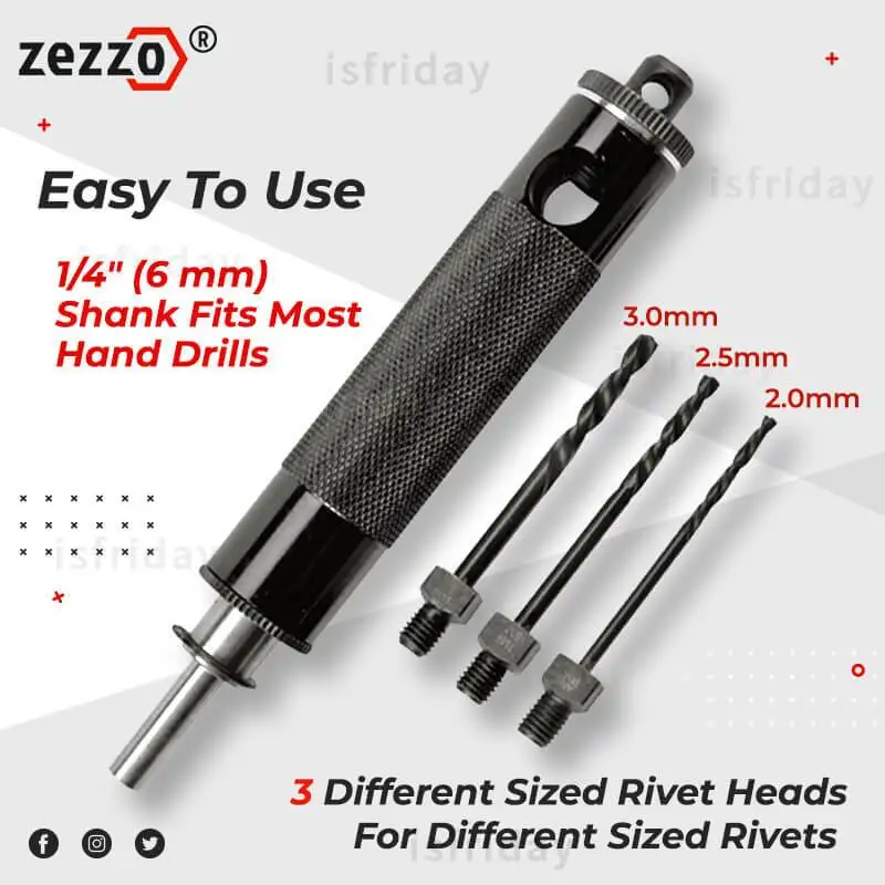 

Zezzo® Automatic Riveting Tools Set For 1/4" Electric Drill Bit Conversion Air Capital Rivet Removal Tool With 3 Sizes Of Heads