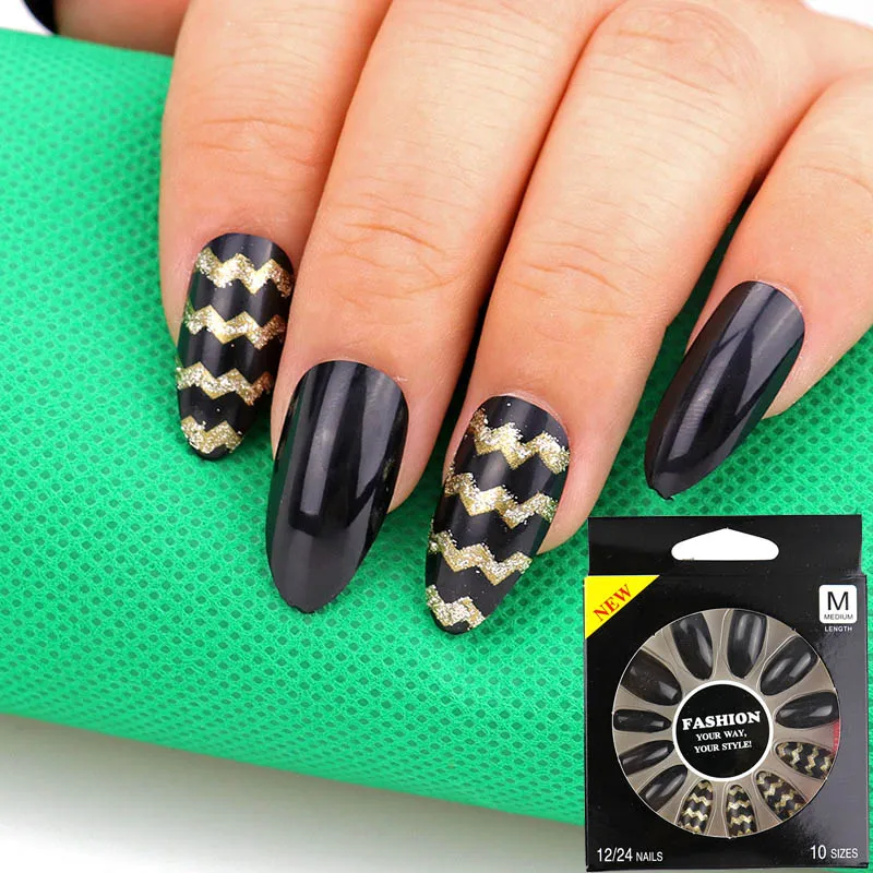 03 12Pcs Long Stiletto False Nail Tips With Glue Colorful Full Cover Fake Nails Tips Manicure Press On Nails Charms - Цвет: 03
