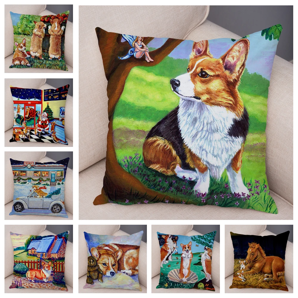 

Soft Plush Welsh Corgi Pembroke Cushion Cover for Sofa Children Room Decor Cartoon Animal Pillowcase Oil Painting Pillow Case