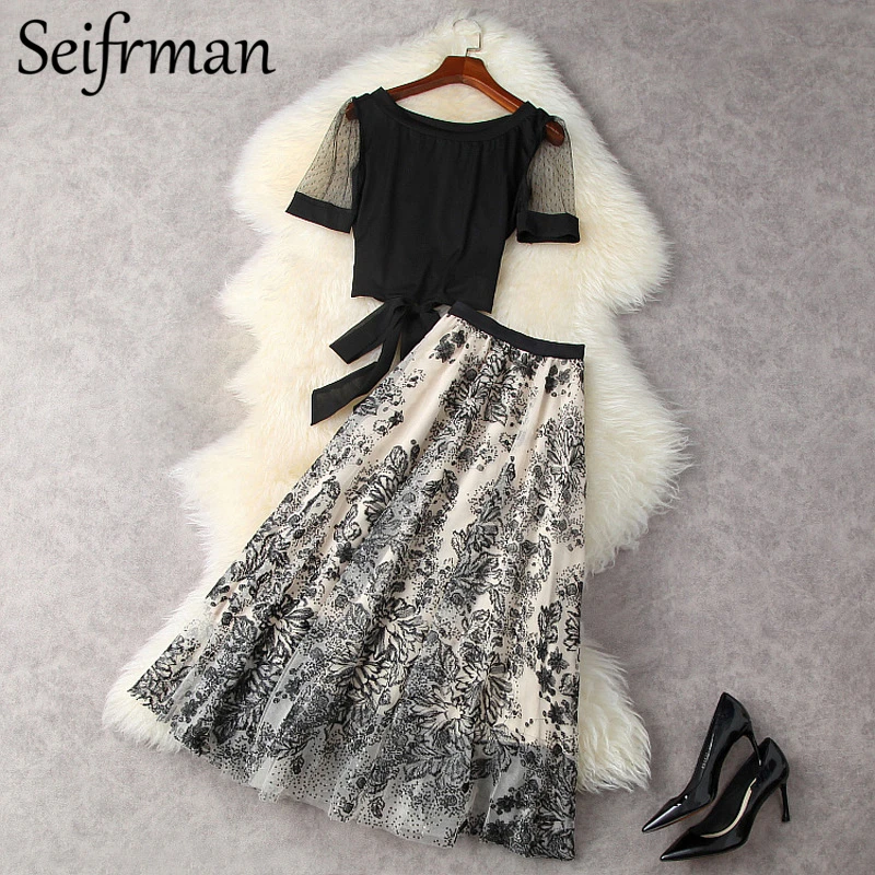 

Seifrmann New 2021 Summer Women Fashion Designer Skirts Set Short Sleeve Loose Tops+High Waist Embroidery Big Swing Skirt Suits