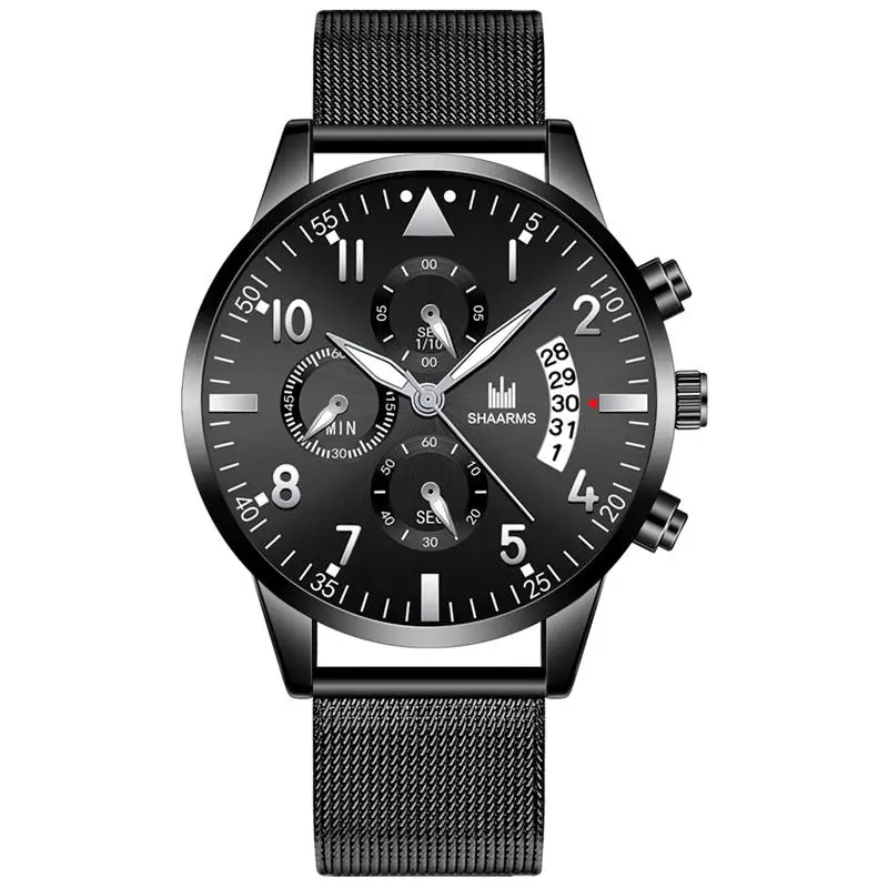 Black Silver SHAARMS часы мужские водонепроницаемые повседневные Роскошные брендовые кварцевые военные часы деловые мужские часы s наручные часы Relogio дропшиппинг - Цвет: Black Silver