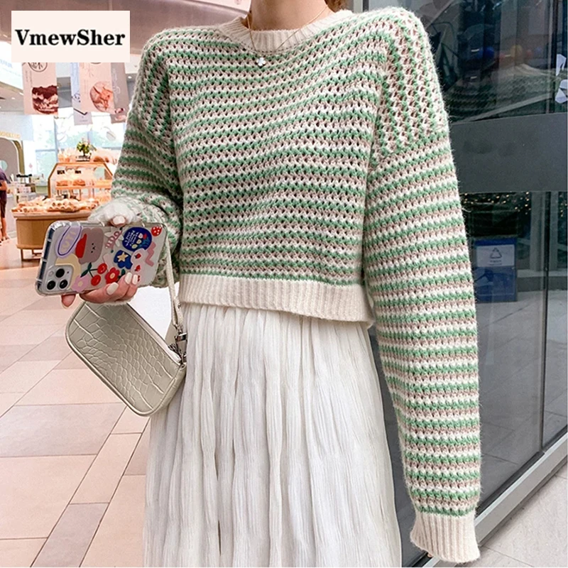 

Женский короткий свитер VmewSher, полосатый, зимний, в Корейском стиле, свободный, с высокой талией