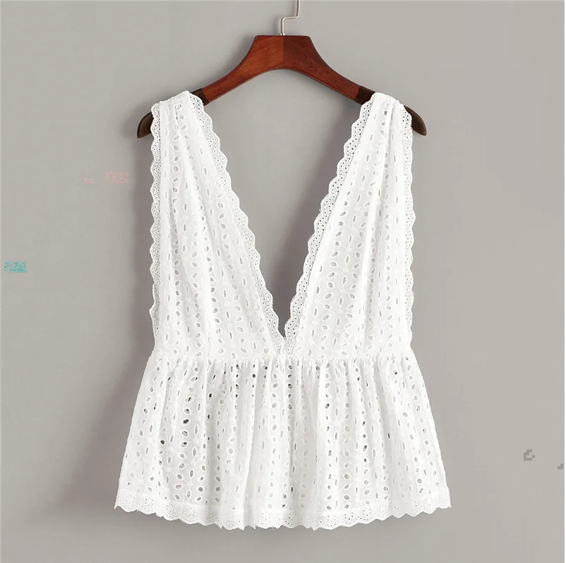 Белый сплошной рюшами подол Глубокий V образным вырезом Boho Топ Женская одежда