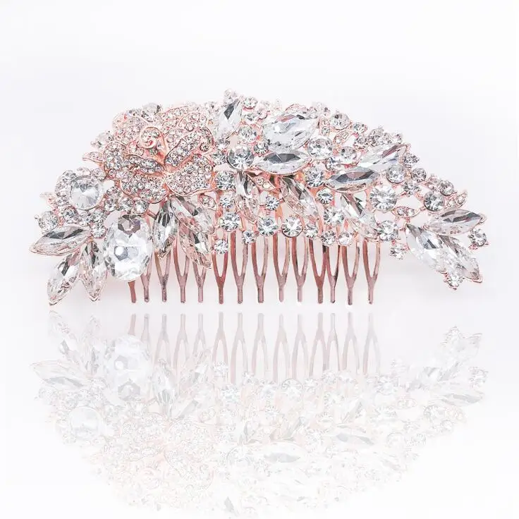 Rose Gold KMVEXO Свадебные расчески для волос в форме листа золотого и серебряного цветов роскошные стразы с кристаллами Свадебные украшения для волос аксессуары Peine De Pelo - Окраска металла: Rose Gold