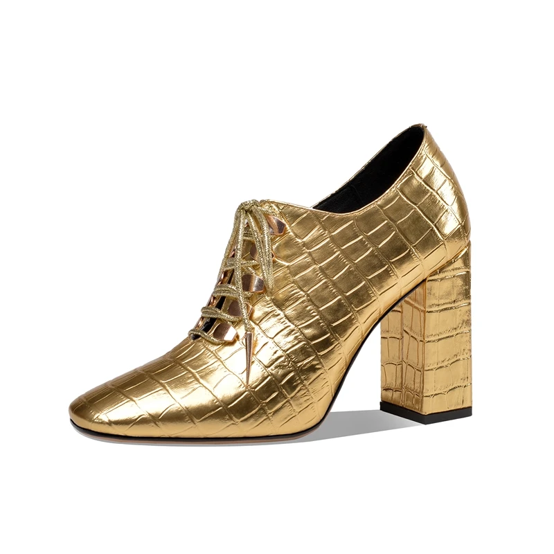 

2020 New Women's Casual Pumps High Quality Patent Leather Lace-up Comfortable Square Toe Shoes Handmade Square Heel Party Pumps