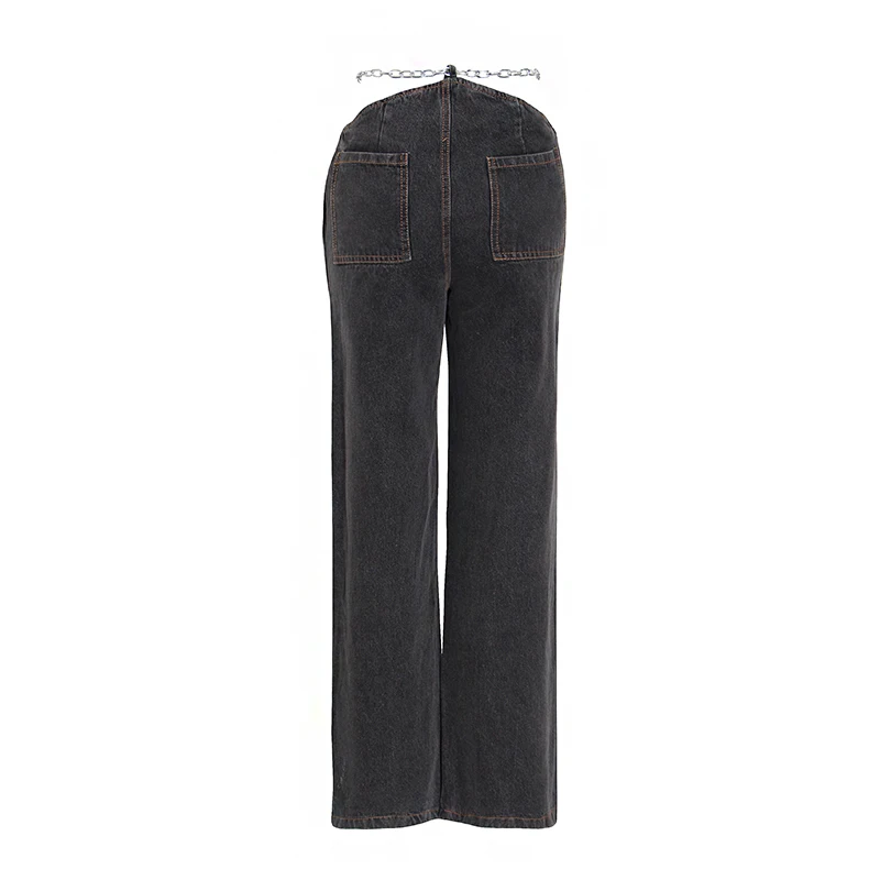 

CHICEVER Casual Loose Streetwear Black Denim Trousers For Women High Waist Patchwork Chain Full Length Jeans Female 2021 Fashion