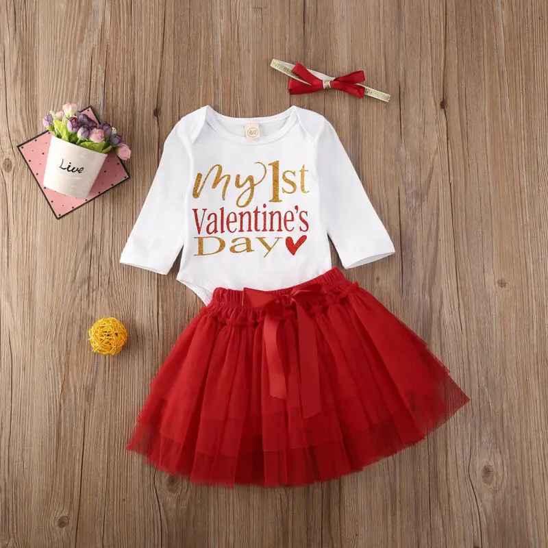 

My 1st Valentine's Day Clothing 2020 Newborn Infant Baby Girl Letter Tops RomperTulle Tulle Skirt Outfits Girls Clothes