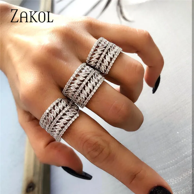 ZAKOL широкие кольца с фианитом AAA полностью циркониевое 5 рядное многослойное