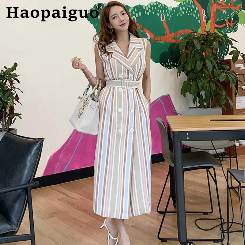 

Летнее платье с принтом в полоску и двумя пуговицами, длинное облегающее платье без рукавов 2019, женский сарафан с запахом и поясом