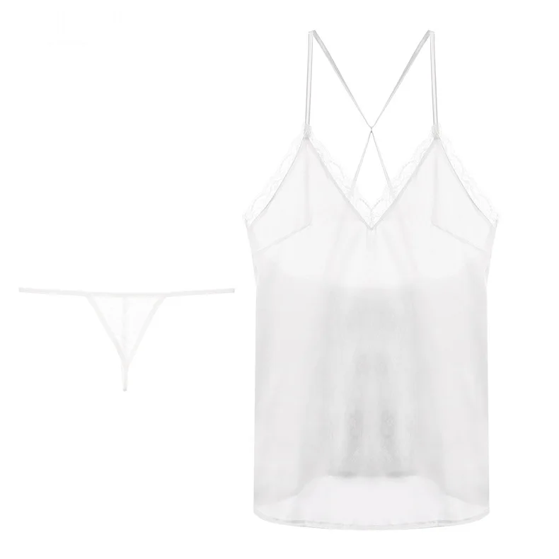 

New Women's Backless Sexy Deep V Satin Nightdress Strap Lace Nightdress One Piece lingerie femme sexy erotique porno extreme