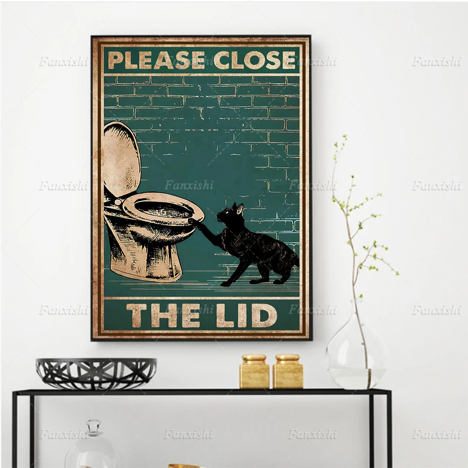 

Please Close Black Cat The Lid Poster Nordic Wall Art Prints Animal Retro Canvas Painting Modular Pictures Toilet Bathroom Decor