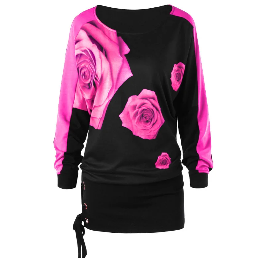 

WEPBEL Long Sleeve Slim Fit T-shirt Spring Autumn Lace Up T-shirt Top Women's Casual O-Neck Floral Print Pullover T-shirt