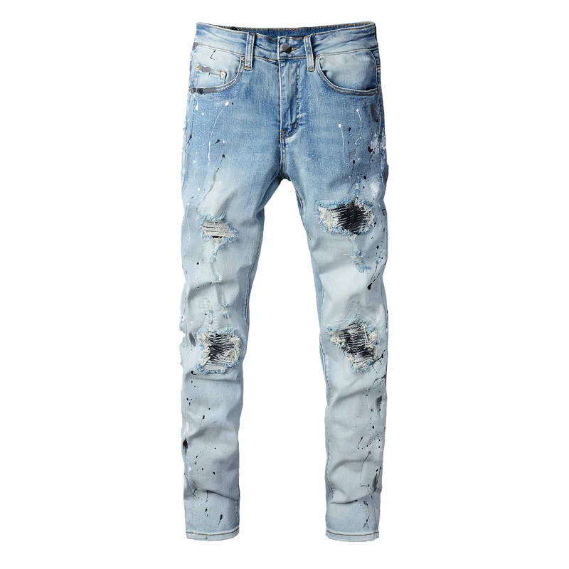 Street Style Fashion Men Jeans Retro Light Blue Elastic Destroyed Ripped Jeans Men Patch Designer Hip Hop Splashed Denim Pants