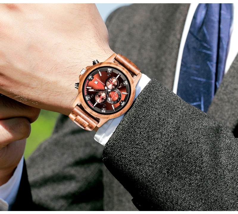

Men Watch Wood Watches Top Luxury Chronograph Wristwatch Quartz Movement Calendar Full Wooden Adjustable Band Relogio Masculino