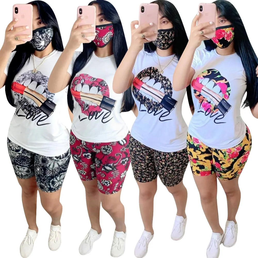 

2021 Summer Women's Pure Girl Casual Lip Print Sweatpants Suit Two-Piece