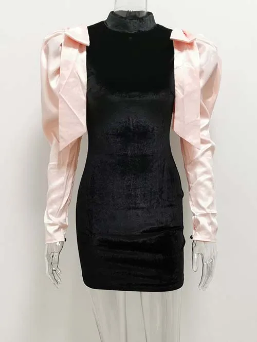 Black-Pink JillPeri Для женщин Зимняя одежда с длинным рукавом, с галстуком-бабочкой бархатные вечерние модное платье с буффами на рукавах, со вставками из эластичного материала пикантные Новые короткие шорты, комплект со штанами, мини-платье - Цвет: Black-Pink