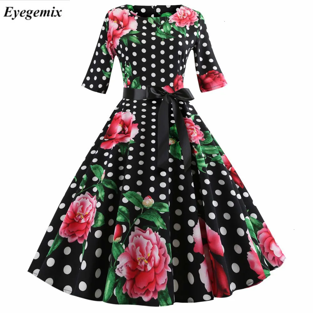 Autumn New Floral Print Vintage Vestidos 3/4 Sleeve Elegant Midi Dresses Tunic Robe Femme Casual Office Work Party Dress |