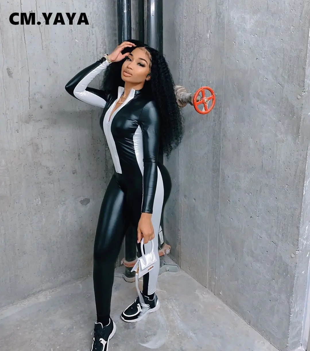 

Осенний Облегающий комбинезон CM.YAYA из искусственной кожи в стиле пэчворк с длинным рукавом, Женский велосипедный комбинезон для активного ...