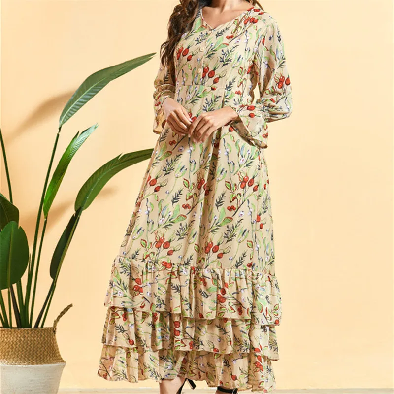 

Casual Elegant Women Ruffles Maxi Dress 2020 Spring Print Flare Sleeves Loose Dress Women