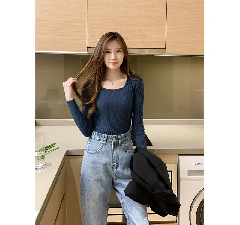 2020 autumn and winter New Korean women's clothing slim square collar shirt base long sleeve knitted fashion | Женская одежда