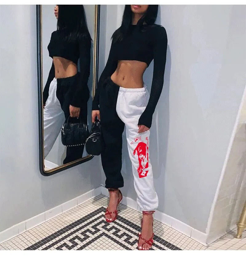 

Women Jogger Pants High-Waist trousers Black White fashion SO RRY MOM Patchwork Casual Loose Slimming Wear Sports Girl’s Bottoms