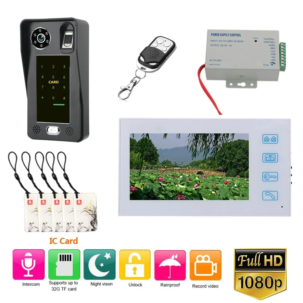 

7 inch Record Wired Video Door Phone Doorbell Intercom System with Fingerprint RFIC Card AHD 1080P Camera Door Access Control S