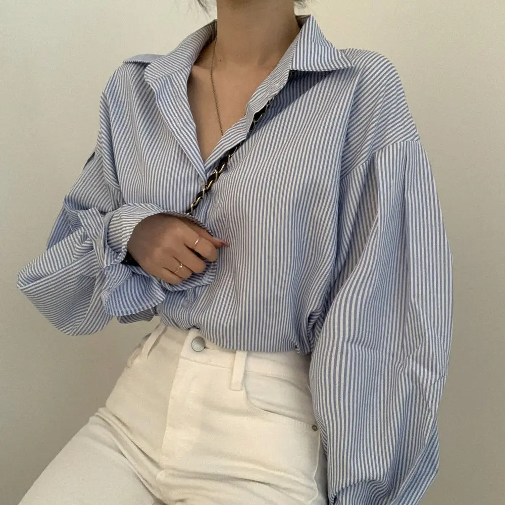 Женская Свободная рубашка в тонкую полоску с длинными рукавами французский