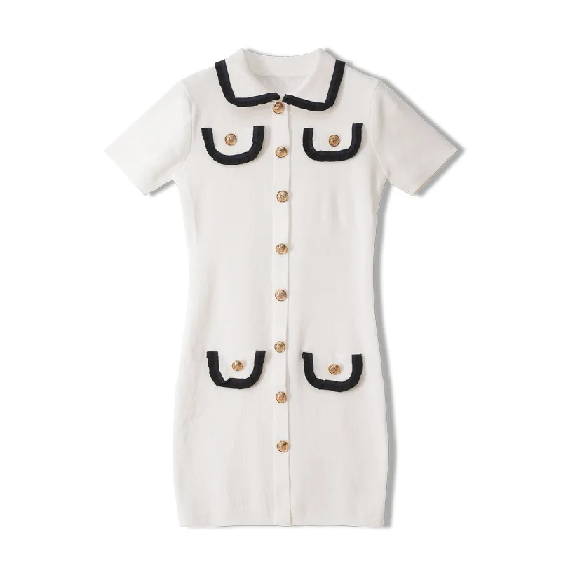 

Women Dress Spring Office Ladies Lapel Short Sleeve Ice Silk Knitted Elegant Sexy Lady Dress A-line Stripe Lady Dresses Luxury