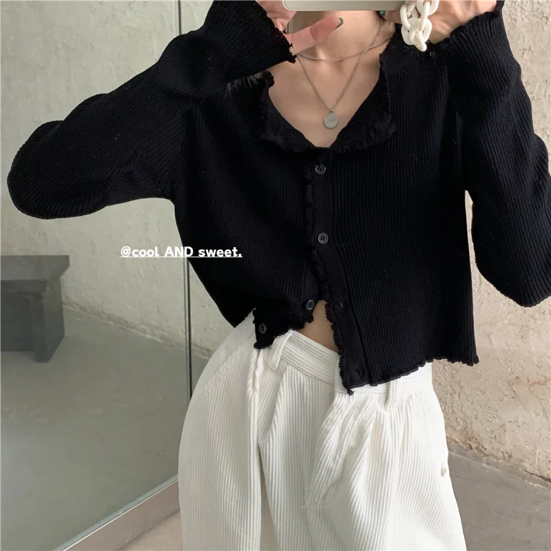 

ZAWAHIKI Korean Tender Casual Knitted Cardigan Spring 2021 O Neck Long Sleeve Single Breasted Solid Tops Short Women Sweaters