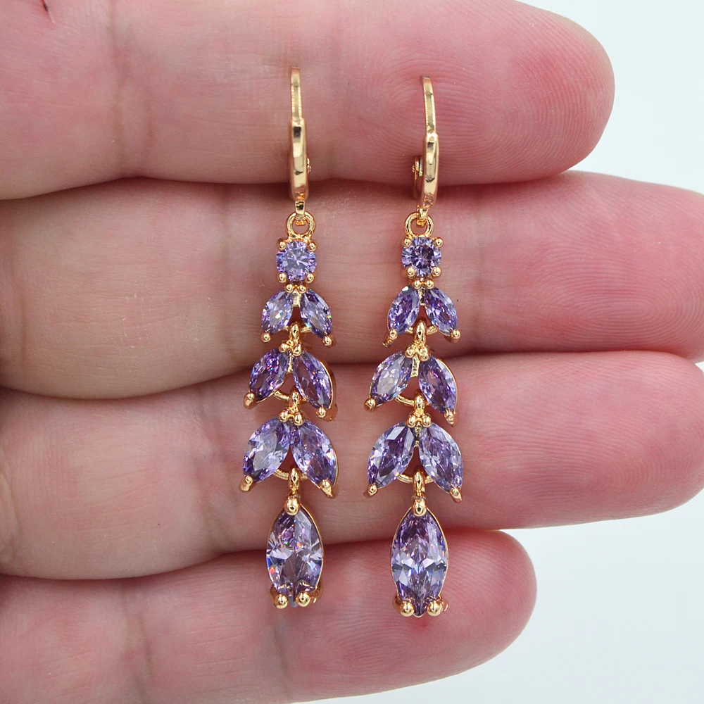 Женские серьги с листьями из фианита класса ААА +|Серьги-подвески| |