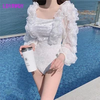 ldyrwqy 2021 new white korean style long sleeved lace velvet one piece swimsuit female solid color bikini