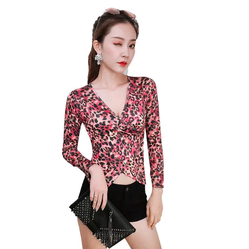 

Latin Dance Shirts Female Adult Rumba Cha Cha Samba Tango Dancing Performance Wear Salsa Sexy V-Neck Leopard Print Tops DN5643