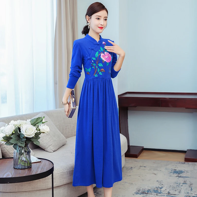 

COIGARSAM Women Dress Spring Summer 2021 New Office Lady National Wind Knitting Full Sleeve Embroidery Stand Neck Dresses Traf