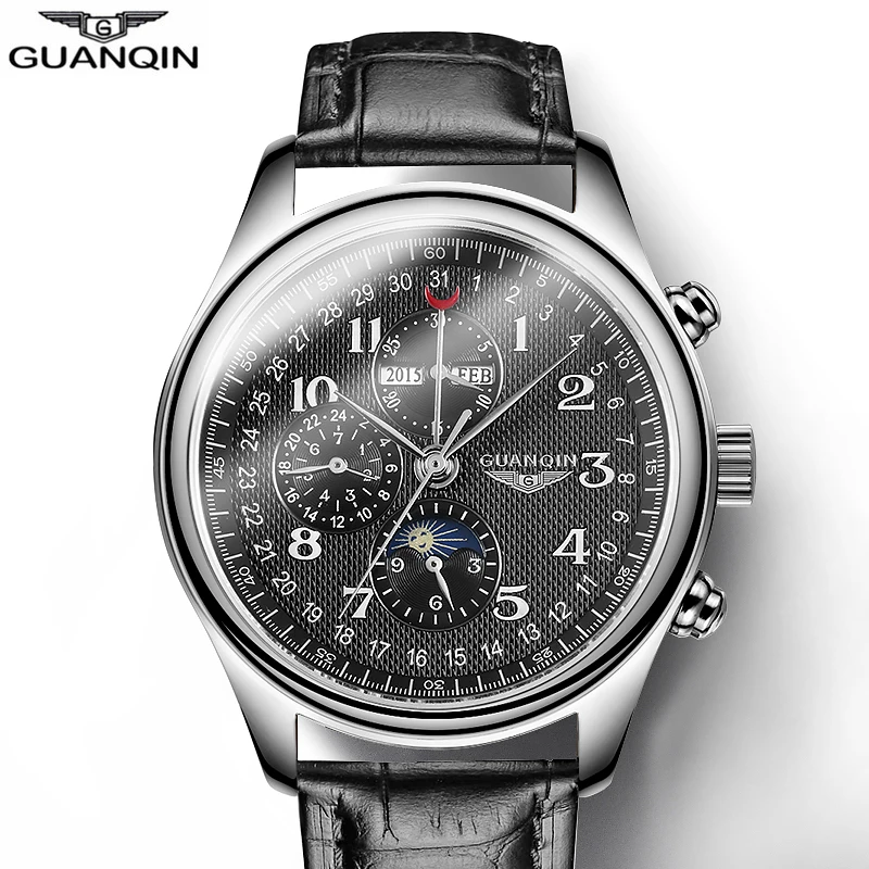 Многофункциональные GUANQIN мужские часы роскошные стальные механические Мужские