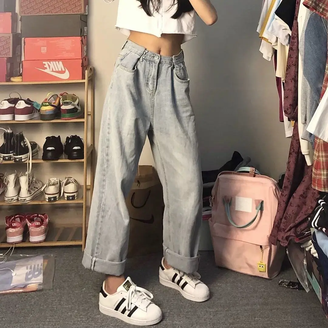 

Spring new elegant high waisted jeans women show thin straight tube loose wide leg father pants students mop pants trend