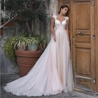 simple boho wedding dresses 2020 lace appliques beaded sheer o neck backless a line bridal dress plus size vestido de noiva