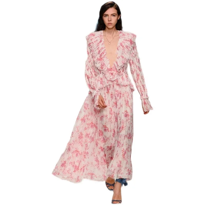 

Spring and summer fashion design temperament printing Ruffle elegant Fairy Holiday Dress