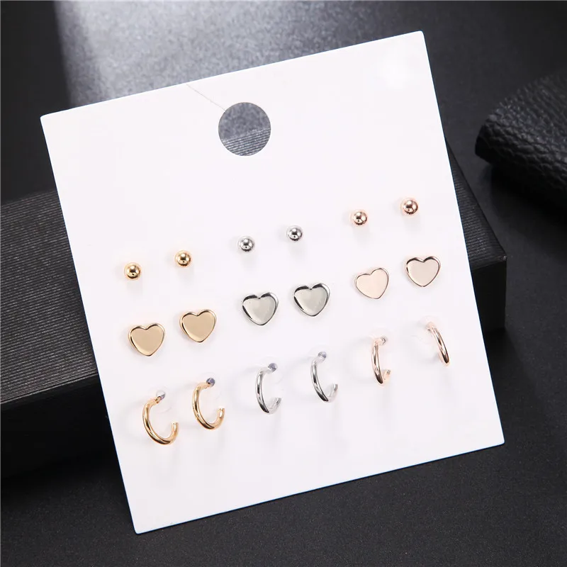 9 пар/компл. милое Смешанное золотое сердечко серебряного цвета круглые серьги