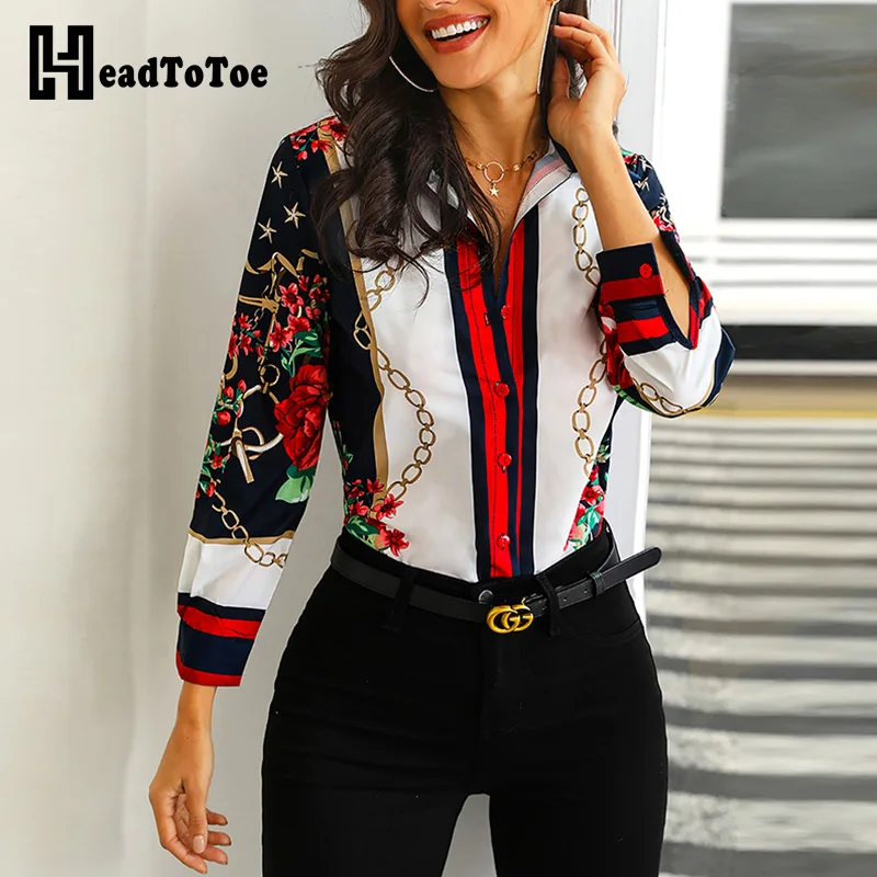 Office Lady Floral Print Elegant Shirt Blouse Women Long Sleeve Turn-down Collar Button Chain Casual | Женская одежда