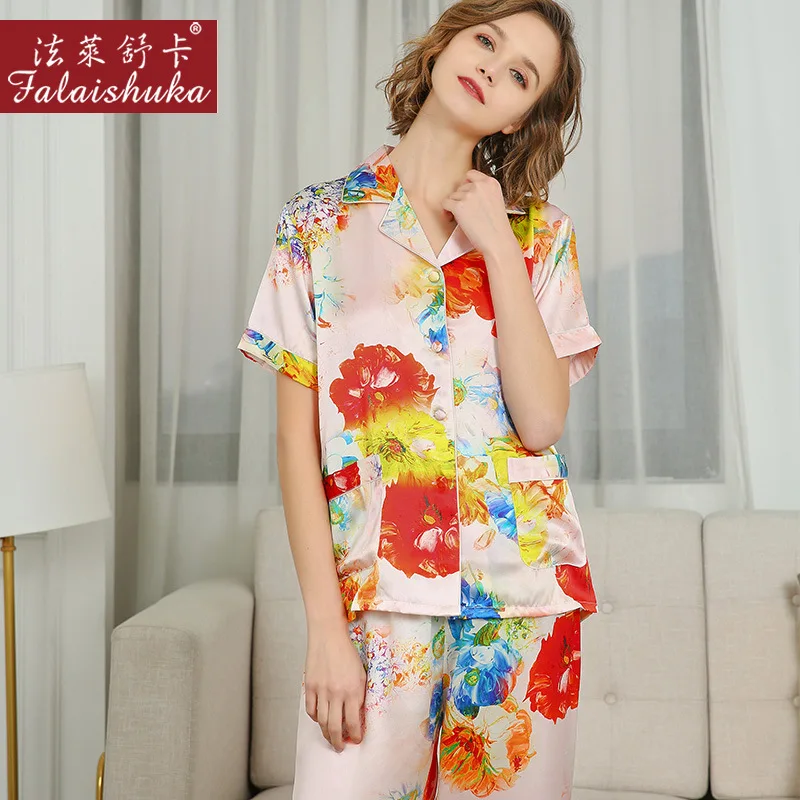 100% Natural Silk Pajama Sets Female Summer Real Silkworm Silk Sleepwear Short Sleeve Printed Women Pyjamas T8239