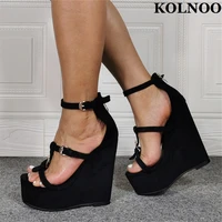 kolnoo new daily wear handmade ladies wedges heel sandals buckle straps kid suede peep toe real photos fashion party prom shoes