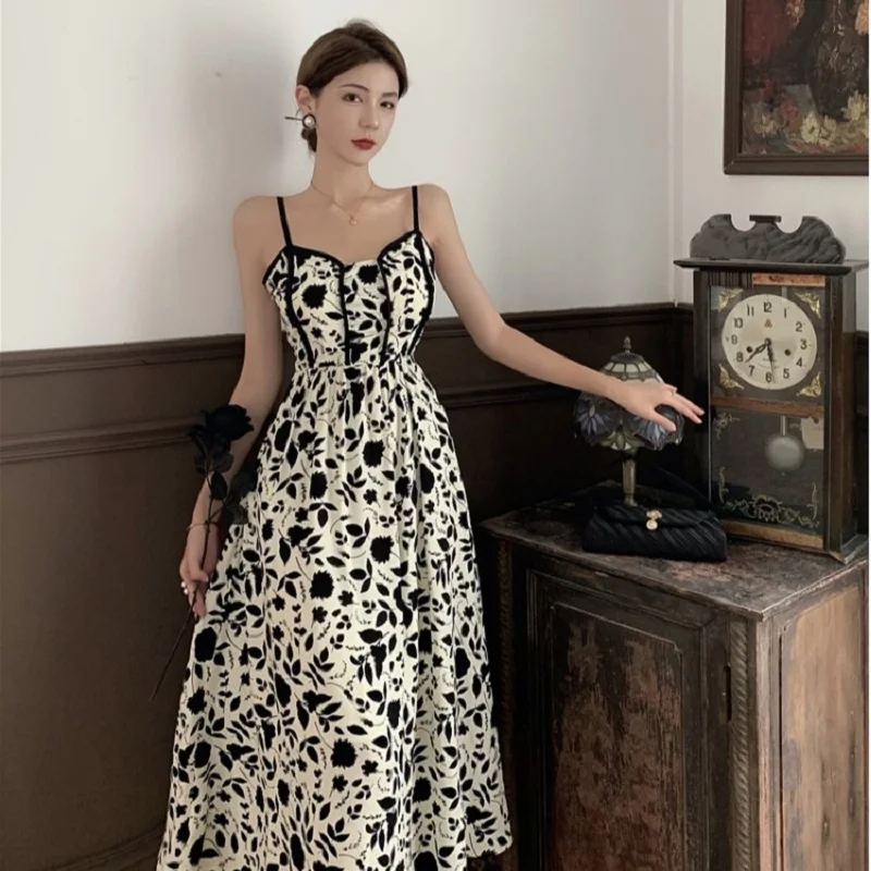 Women's summer suspender floral dress Retro black printed dress Hepburn style
