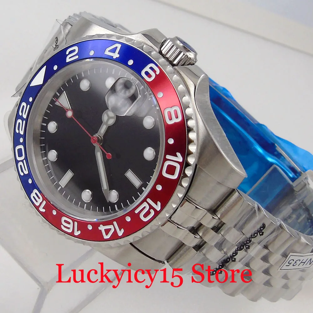 BLIGER BLUE RED Insert NH35A Automatic Men Watch Red Second Hand Nologo Dial Jubilee Strap Sapphire Crystal