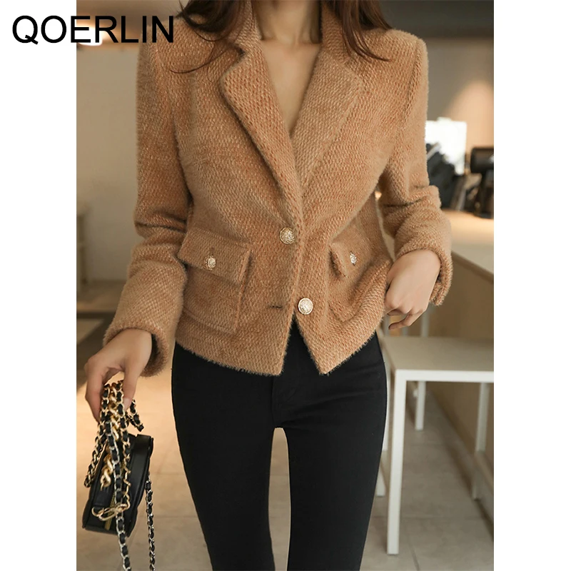 Женский однобортный Блейзер QOERLIN черный шерстяной пиджак с отложным воротником и