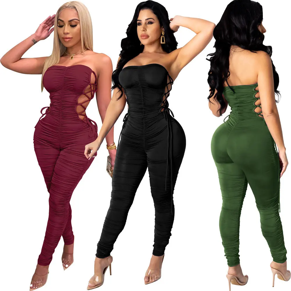 

2021 Strapless Lace Up Hollow Out Stacked Jumpsuit Women Sexy Bodycon Backless Bandage Night Party Rompers Outfit Overall