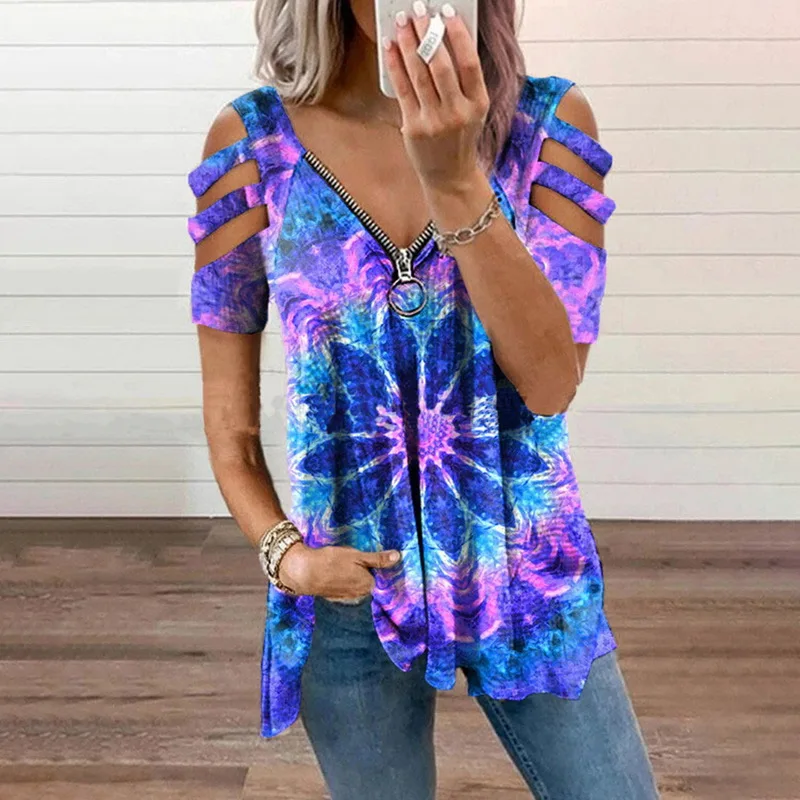 

V-neck Large Zipper Decoration Loose Womens Blouse Sexy Short Sleeve Hollow Out Pullover Top Casual Summer Blusa Plus Size 5XL