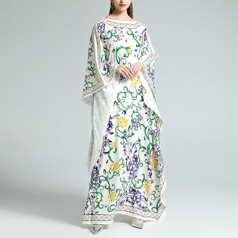

Maxi Long Dress Bohemian Autumn New Women'S knitted Loose Batwing Sleeve Print Vintage Casual Fashion High-Quality Dresses