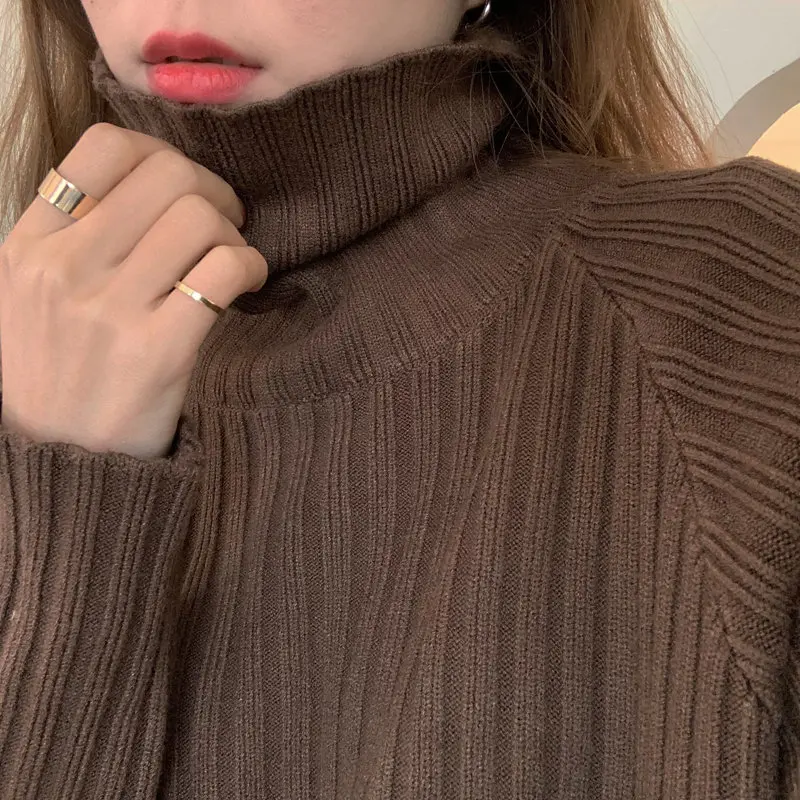 

HziriP Thicken Tops Elegant Turtleneck Solid Long Sleeve 2021 Sweater New Leisure Streetwear Outwear Knitted Vintage Sweaters