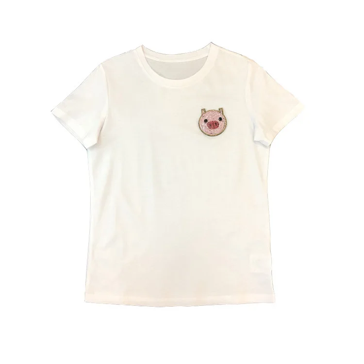 

New female spring chest nail bead pig a undertakes pattern round collar short sleeve T shirt